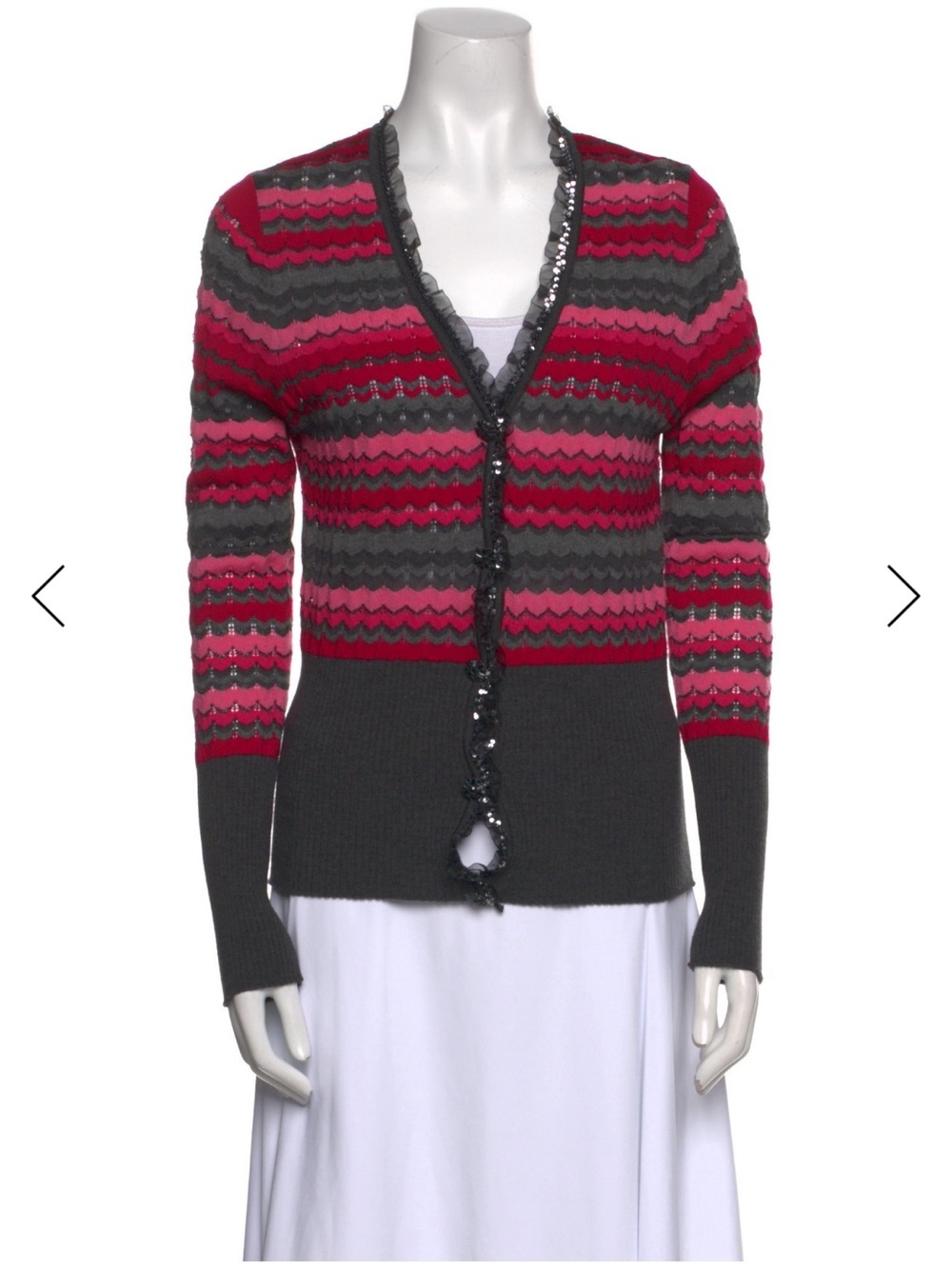 Escada Pink and Gray Striped Scallop-Detail V-Neck Cardigan